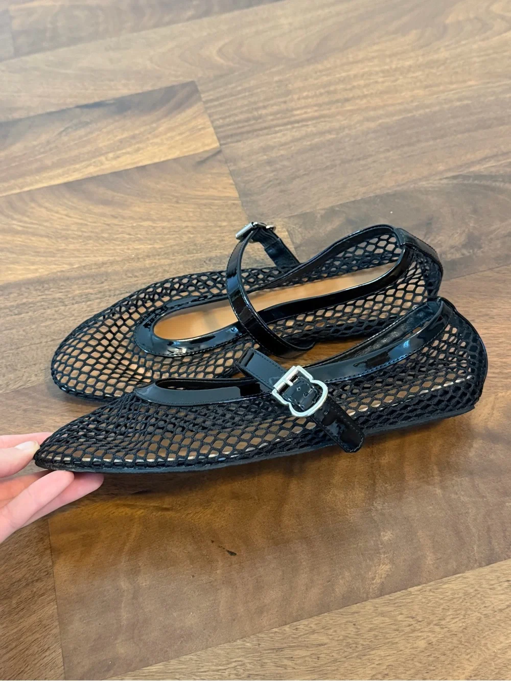 Women’s Black Mesh Mary Jane Flats with Patent Strap